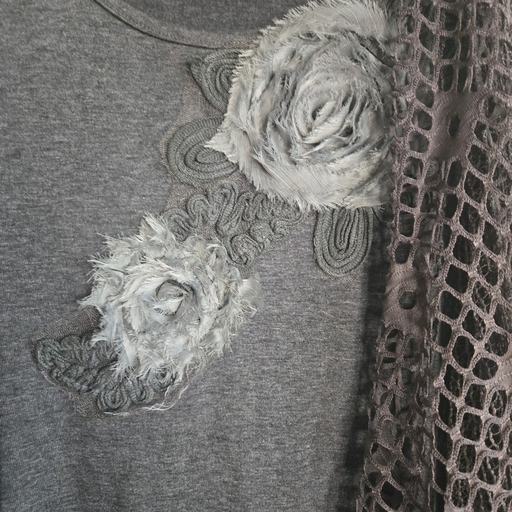Pretty Angel Women Charcoal Gray Silk Blend Floral Applique Mesh Layered Tunic L - Picture 7 of 16